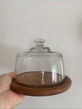 MCM Teak Wood and Glass Dome Cake Stand or Cheese Plate